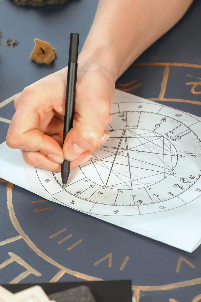 Astrology. Astrologer calculates natal chart and makes a forecast of fate.Tarot cards, Fortune telli